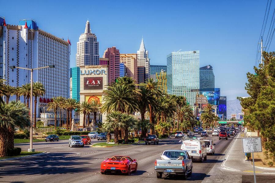 The Las Vegas Strip in daytime, with the Luxor, New York-New York, and Aria resorts